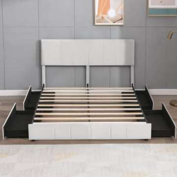 ZAFLY King Platform Bed Frame with Adjustable Headboard,Upholstered King Size Bed Frame with 4 Storage Drawers,Solid Wooden Slat Support,No Box Spring Needed,Easy Assembly (Beige), 21052-K