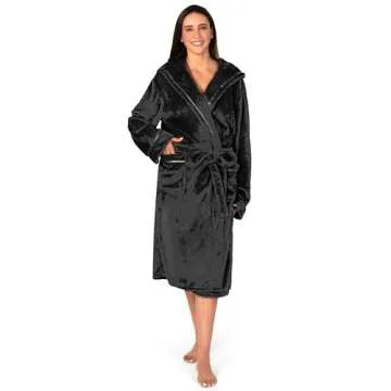 PAVILIA Plush Hooded Robe For Women | Black, Fluffy Soft Bathrobe With Hood | Fuzzy Warm Spa Robe, Cozy Fleece Long Robe | Satin Trim, Small-Medium