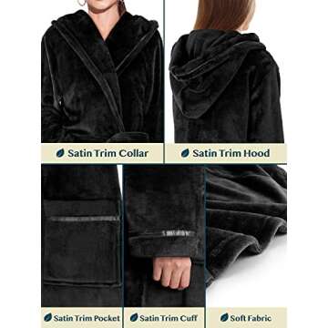 PAVILIA Plush Hooded Robe For Women | Black, Fluffy Soft Bathrobe With Hood | Fuzzy Warm Spa Robe, Cozy Fleece Long Robe | Satin Trim, Small-Medium