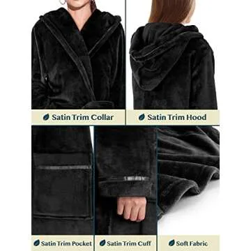 PAVILIA Plush Hooded Robe For Women | Black, Fluffy Soft Bathrobe With Hood | Fuzzy Warm Spa Robe, Cozy Fleece Long Robe | Satin Trim, Small-Medium