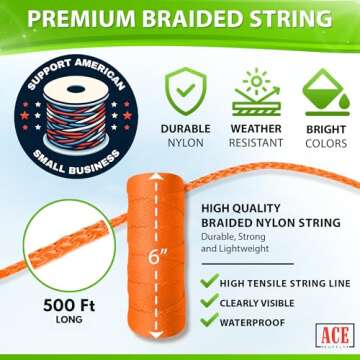 Orange Mason Line String Line - #18 Braided Nylon String - 500 Ft Length - Nylon Twine for Gardening...