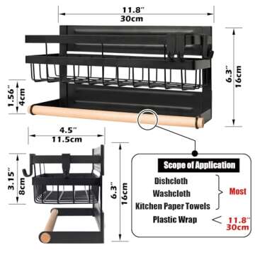 Sleclean Magnetic Spice Rack Organizer for Refrigerator, 2 Pack, Magnetic Paper Towel Holder, Kitchen Magnetic Shelf,11.8"x4.5"x6.3",Black