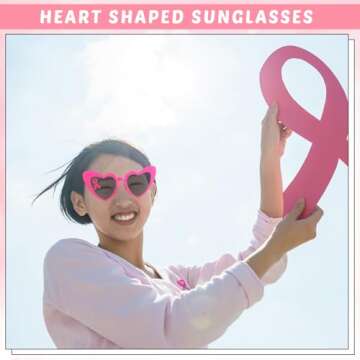 Konohan 4 Pack Pink Ribbon Sunglasses for Women Pink Heart Sunglasses Love Heart Shaped Glasses Breast Cancer Awareness Accessories