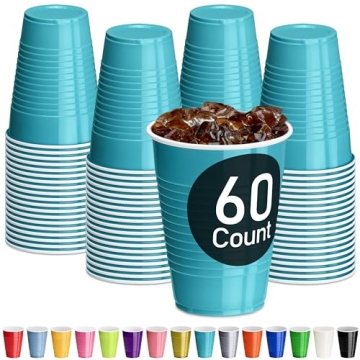 DecorRack Turquoise Plastic Cups – 12 oz – Vibrant Party Supplies (60 Count)