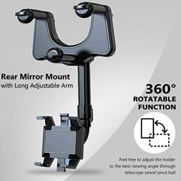 PKYAA Rearview Mirror Phone Holder for Car, 360° Rotating Rear View Mount with Adjustable Arm Lengt...