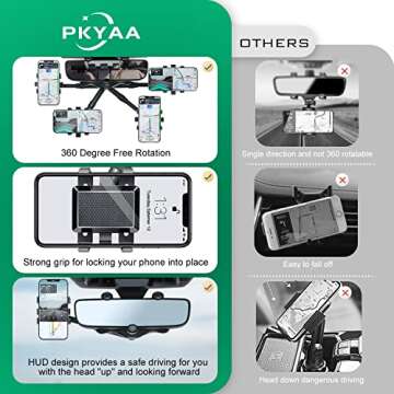 PKYAA Rearview Mirror Phone Holder for Car, 360° Rotating Rear View Mount with Adjustable Arm Length, Multifunctional and GPS Universal Car All Smartphones