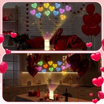 Flameless Candles Valentines Day Decorations Romantic Candles Candy Heart Love Projector Lights Colorful Heart LED Candle Battery Operated Night Light with Remote and Timer Indoor Bedroom Decor