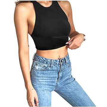 Workout Crop Tank Tops for Women, Black Basic Cutoff Top for Girls(Black-S)