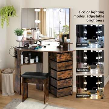 VOWNER Vanity with Lights - Makeup Vanity Desk with Power Outlet, 3 Color Lighting Options Brightnes...