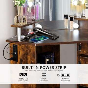 VOWNER Vanity with Lights - Makeup Vanity Desk with Power Outlet, 3 Color Lighting Options Brightness Adjustable, Vanity Table with 5 Rotating Drawers, Shelves and Stool for Bedroom, Rustic