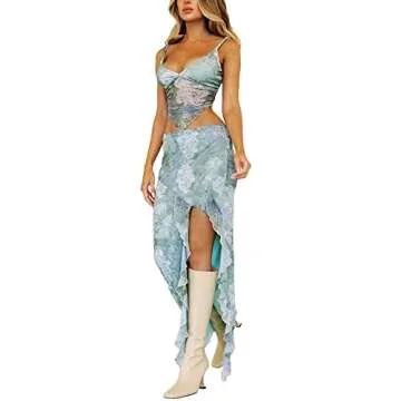 Zempertoopa Women Sexy Y2K Maxi Skirt Set Strapless Bodycon Lace Tube Top See Through 2 Piece Outfit...