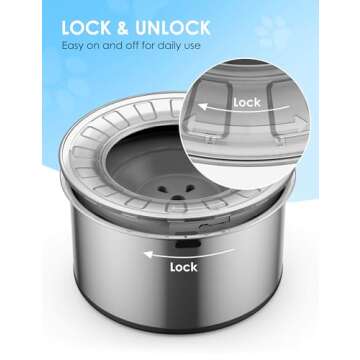 Heouvo 1Gallon Large Dog Water Bowl No Spill,【Anti Digging Lid & Rubber Bottom】 Spill Proof Dog Bowl, Anti Splash Mess Dripless Slow Drinking Stainless Steel Water Bowl for Sloppy Messy Drinkers Car