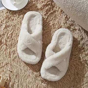 JABASIC Women Cross Band Slippers Orthopedic Slides with Arch Support Faux Fur slides House Slipper Indoor Outdoor (7,Beige)