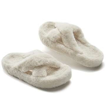 JABASIC Women Cross Band Slippers Orthopedic Slides with Arch Support Faux Fur slides House Slipper Indoor Outdoor (7,Beige)