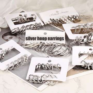 42 Pairs Silver Hoop Earrings Set for Women - Fashion Chunky Pearl Earrings Multipack