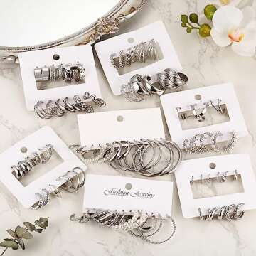 42 Pairs Silver Hoop Earrings Set for Women - Versatile & Fashionable