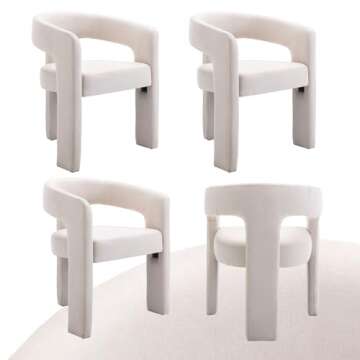 Modern Dining Chair Set of 4, Linen Upholstered Barrel Kitchen Chair, Round Dining Chairs with Wooden Legs, Assembled Accent Armchairs for Dining Room/Living Room/Bedroom/Side, Ivory