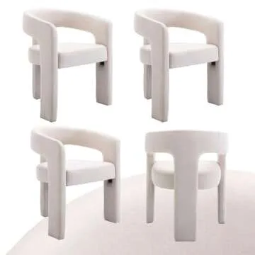 Modern Dining Chair Set of 4, Linen Upholstered Barrel Kitchen Chair, Round Dining Chairs with Wooden Legs, Assembled Accent Armchairs for Dining Room/Living Room/Bedroom/Side, Ivory