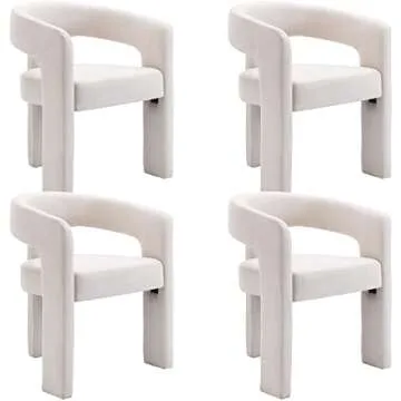 Modern Dining Chair Set of 4, Linen Upholstered Barrel Kitchen Chair, Round Dining Chairs with Wooden Legs, Assembled Accent Armchairs for Dining Room/Living Room/Bedroom/Side, Ivory
