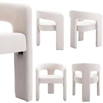 Modern Dining Chair Set of 4, Linen Upholstered Barrel Kitchen Chair, Round Dining Chairs with Wooden Legs, Assembled Accent Armchairs for Dining Room/Living Room/Bedroom/Side, Ivory