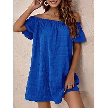 SOLY HUX Women's Sundress Off The Shoulder Short Sleeve A Line Tunic Mini Dress Solid Royal Blue M