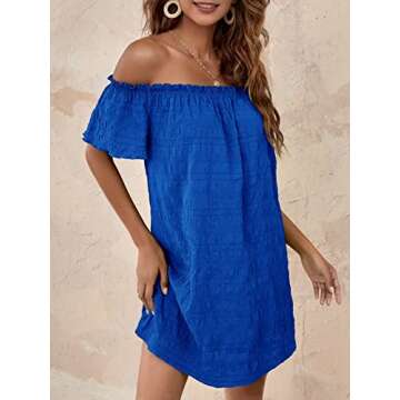 SOLY HUX Women's Sundress Off The Shoulder Short Sleeve A Line Tunic Mini Dress Solid Royal Blue M