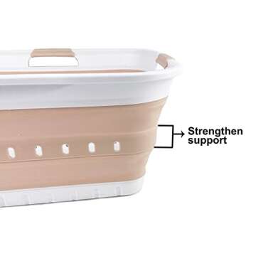SAMMART 42L (11 gallon) Collapsible Plastic Laundry Basket - Foldable Pop Up Storage Container/Organizer - Space Saving Hamper/Basket (White/Beige)