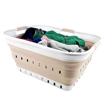 SAMMART 42L (11 gallon) Collapsible Plastic Laundry Basket - Foldable Pop Up Storage Container/Organizer - Space Saving Hamper/Basket (White/Beige)