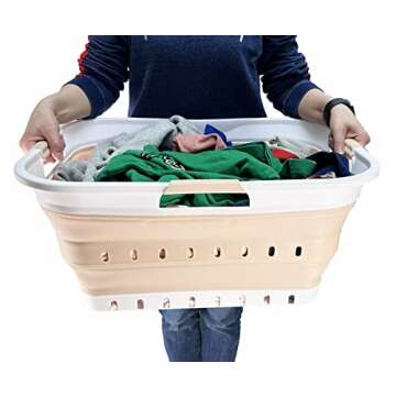 SAMMART 42L (11 gallon) Collapsible Plastic Laundry Basket - Foldable Pop Up Storage Container/Organizer - Space Saving Hamper/Basket (White/Beige)