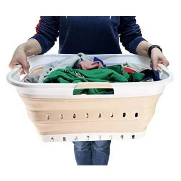 SAMMART 42L (11 gallon) Collapsible Plastic Laundry Basket - Foldable Pop Up Storage Container/Organizer - Space Saving Hamper/Basket (White/Beige)