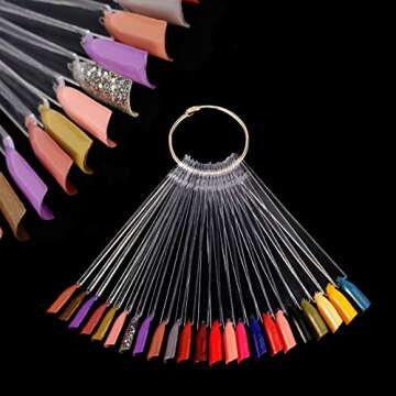 KOHAND 600PCS Nail Swatches Sticks, Fan-shaped Clear Nail Tips Nail Art Palette Board Practice Tool Set with Stainless Steel Ring Holder for Nail Art Polish Display and DIY