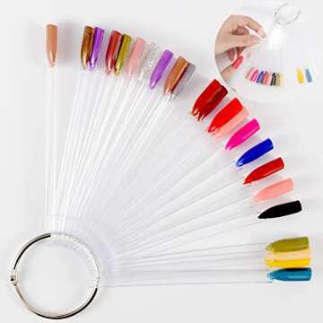 KOHAND 600PCS Nail Swatches Sticks, Fan-shaped Clear Nail Tips Nail Art Palette Board Practice Tool Set with Stainless Steel Ring Holder for Nail Art Polish Display and DIY