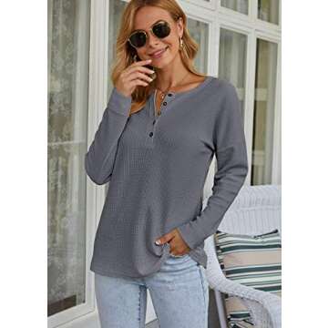 MOLERANI Womens Waffle Knit Tunic Tops Loose Long Sleeve Button Up V Neck Henley Shirts (XS, Grey)