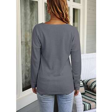 MOLERANI Womens Waffle Knit Tunic Tops Loose Long Sleeve Button Up V Neck Henley Shirts (XS, Grey)