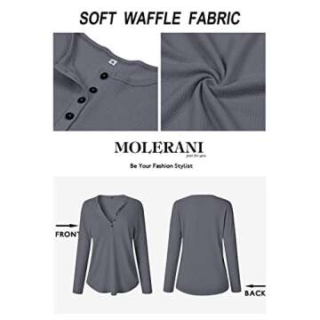 MOLERANI Womens Waffle Knit Tunic Tops Loose Long Sleeve Button Up V Neck Henley Shirts (XS, Grey)