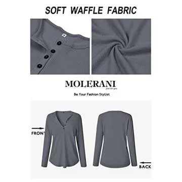 MOLERANI Womens Waffle Knit Tunic Tops Loose Long Sleeve Button Up V Neck Henley Shirts (XS, Grey)