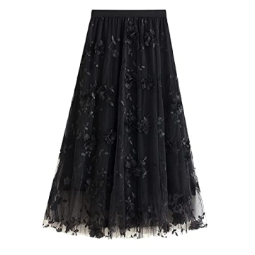 Qoinied Women's Midi Tulle Skirt - Elegant Floral Embroidery with 3D Flower Details