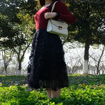 Elegant Qoinied Women's Midi Tulle Skirt with Floral Embroidery