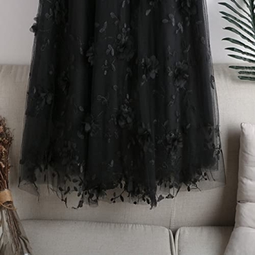Elegant Qoinied Women's Midi Tulle Skirt with Floral Embroidery