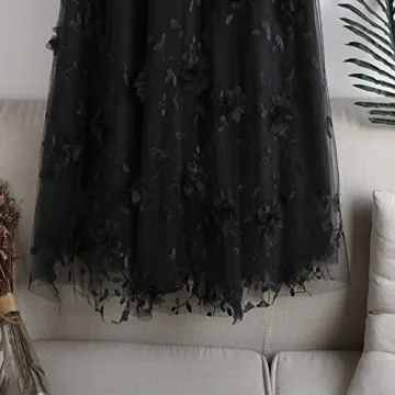 Elegant Qoinied Women's Midi Tulle Skirt with Floral Embroidery
