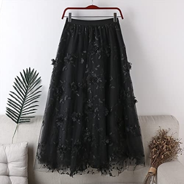 Elegant Qoinied Women's Midi Tulle Skirt with Floral Embroidery