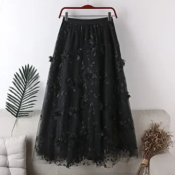 Elegant Qoinied Women's Midi Tulle Skirt with Floral Embroidery