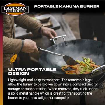 Eastman Outdoors 90411 Portable Kahuna Burner with XL Pot and Wok Brackets with Adjustable and Removable Legs, Black, Pack of 1