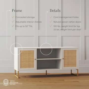 Nathan James Mina Modern TV Stand, Entertainment Cabinet, Console with a Natural Rattan Storage Doors, Finish Brass Accents for Living Media Room, Matte White/Gold