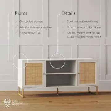 Nathan James Mina Modern TV Stand, Entertainment Cabinet, Console with a Natural Rattan Storage Doors, Finish Brass Accents for Living Media Room, Matte White/Gold