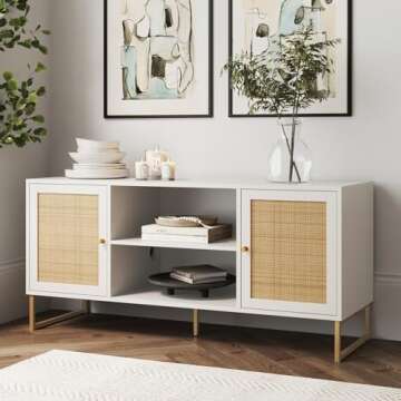 Nathan James Mina Modern TV Stand, Entertainment Cabinet, Console with a Natural Rattan Storage Doors, Finish Brass Accents for Living Media Room, Matte White/Gold