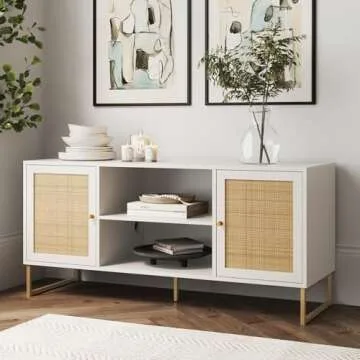 Nathan James Mina Modern TV Stand, Entertainment Cabinet, Console with a Natural Rattan Storage Doors, Finish Brass Accents for Living Media Room, Matte White/Gold