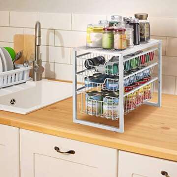 Simple Trending 3-Tier Under Sink Cabinet Organizer with Sliding Storage Drawer, Desktop Organizer for Kitchen Bathroom Office, Stackable, White