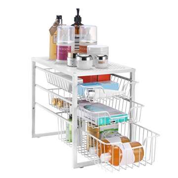 Simple Trending 3-Tier Under Sink Cabinet Organizer with Sliding Storage Drawer, Desktop Organizer for Kitchen Bathroom Office, Stackable, White