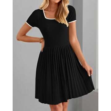 ZESICA Women's Ribbed Square Neck Color Block Pleated Mini Dress 2024 Short Sleeve A Line Knit Short Dresses Black M